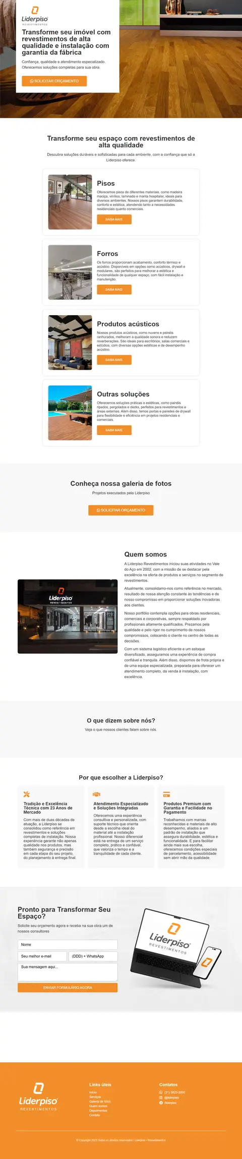 Página do site Liderpiso Revestimentos, criado pela Agência do Marcone