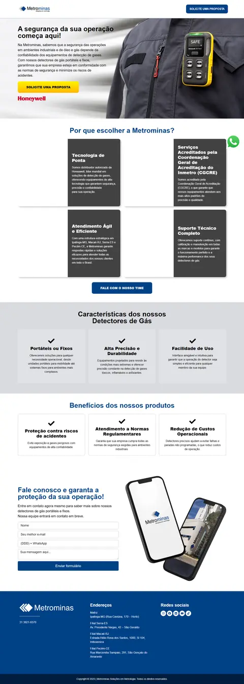 Página do site Metrominas, Detectores de Gás, criado pela Agência do Marcone